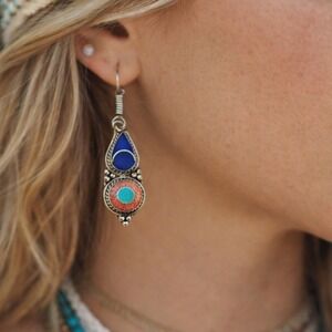 Tibetan Handmade Dangle Earrings Turquoise, red coral, lapis Gemstones #0156